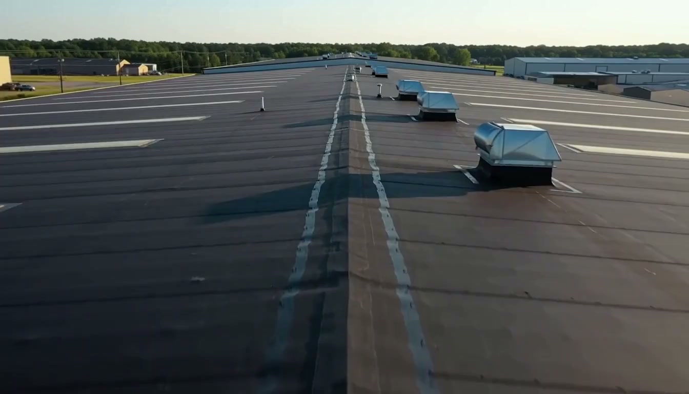 Aerial view across a commercial membrane roof with silver ventilation units