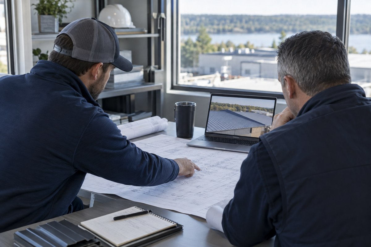 Construction professionals reviewing project plans in an office