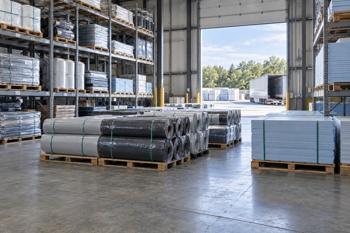 Roofing products and insulation boards stocked in a supply warehouse