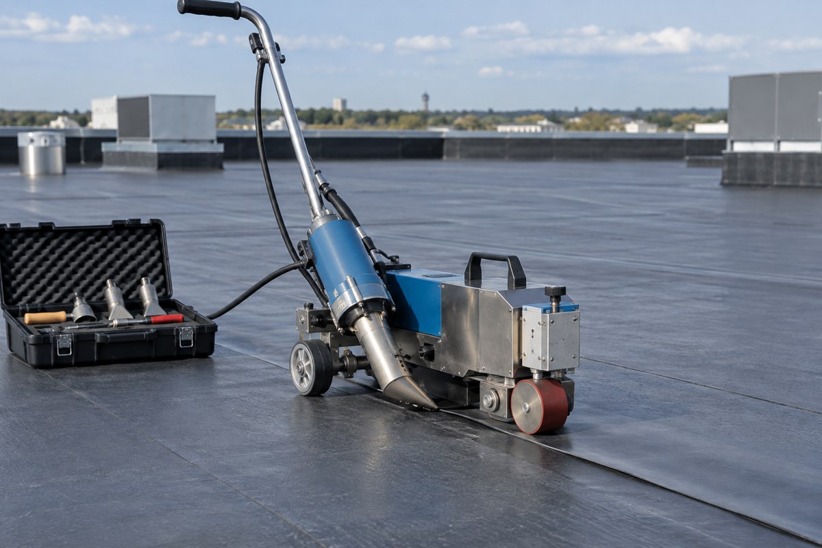 Professional membrane welding equipment on a commercial roof
