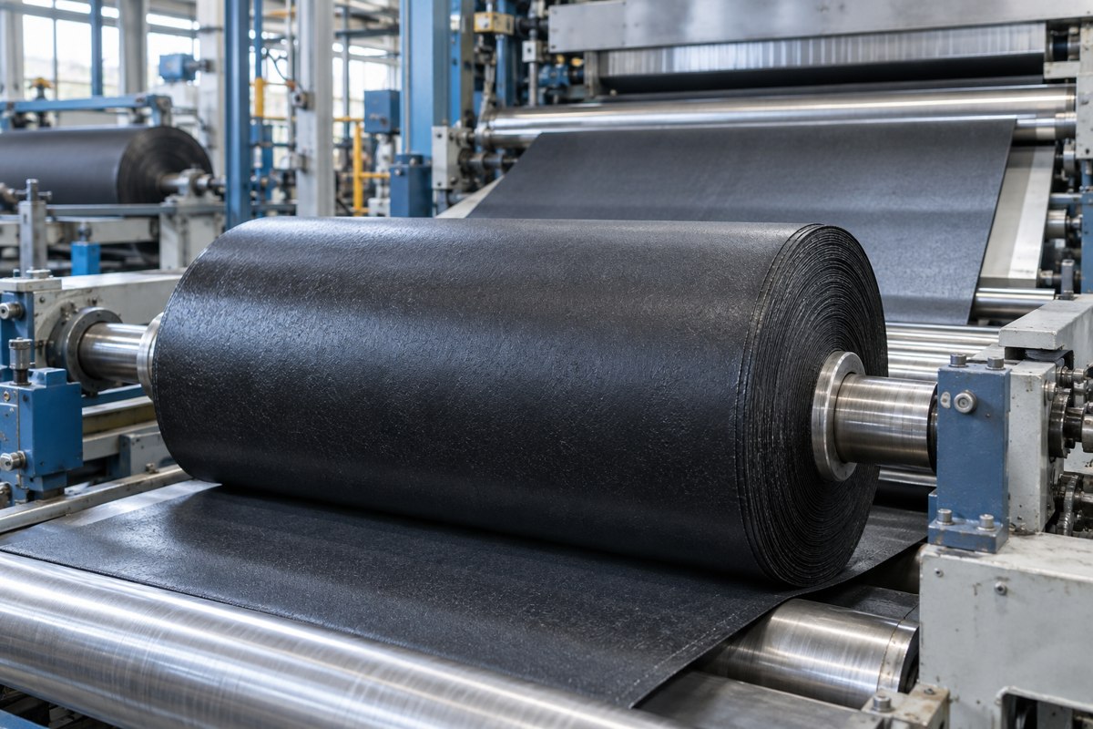Roofing membrane moving through an industrial production line